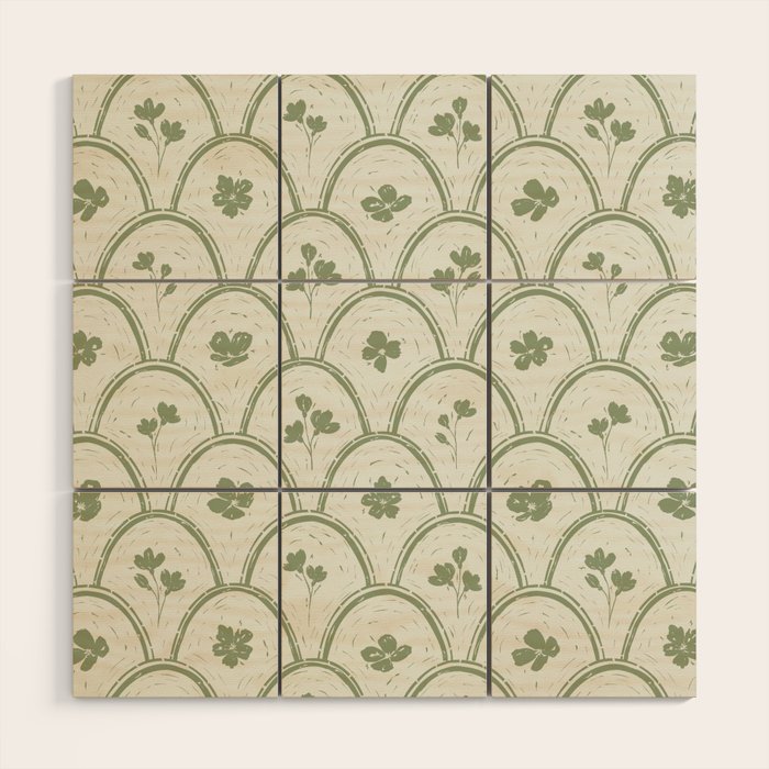 Rustic scallop floral block print - sage green pattern Wood Wall Art Gallery Image 3
