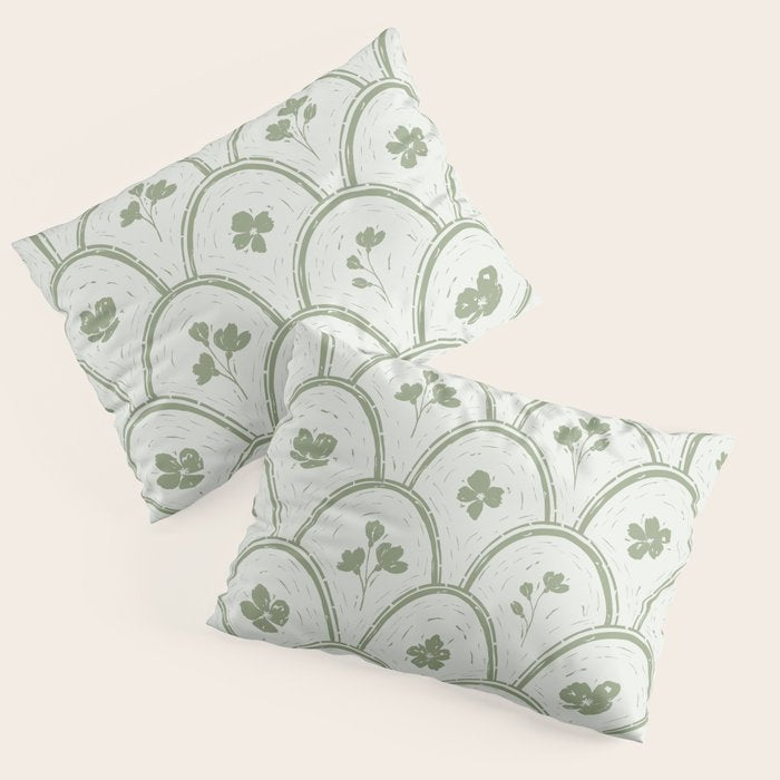 Rustic scallop floral block print - sage green pattern Pillow Sham Gallery Image 1
