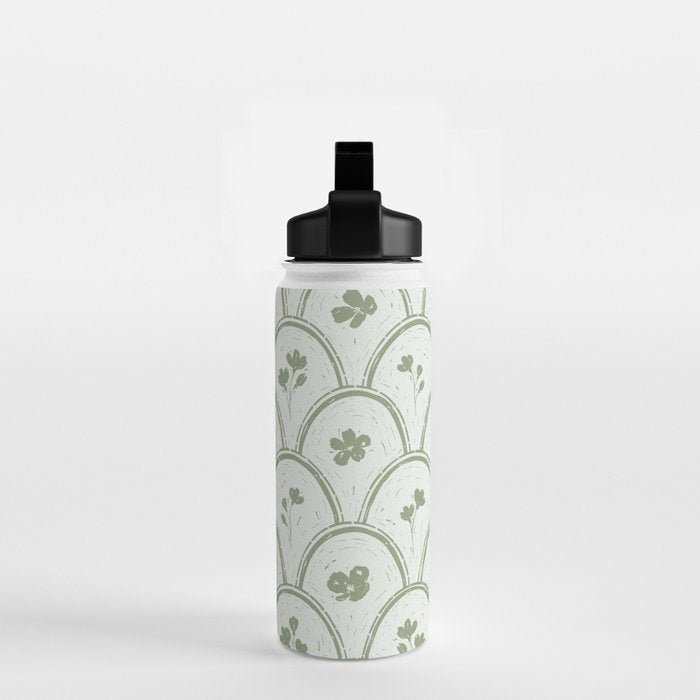 Rustic scallop floral block print - sage green pattern Water Bottle Gallery Image 2