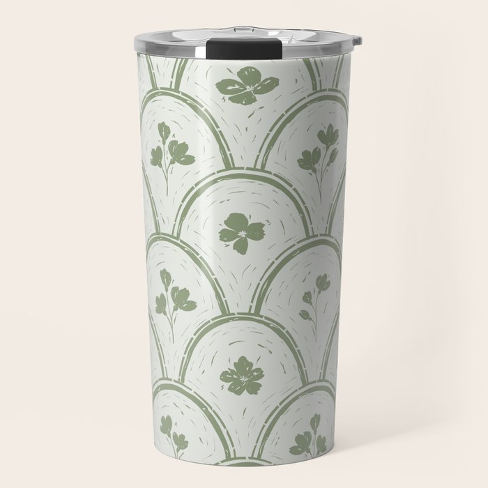 Rustic scallop floral block print - sage green pattern Travel Mug Gallery Image 1