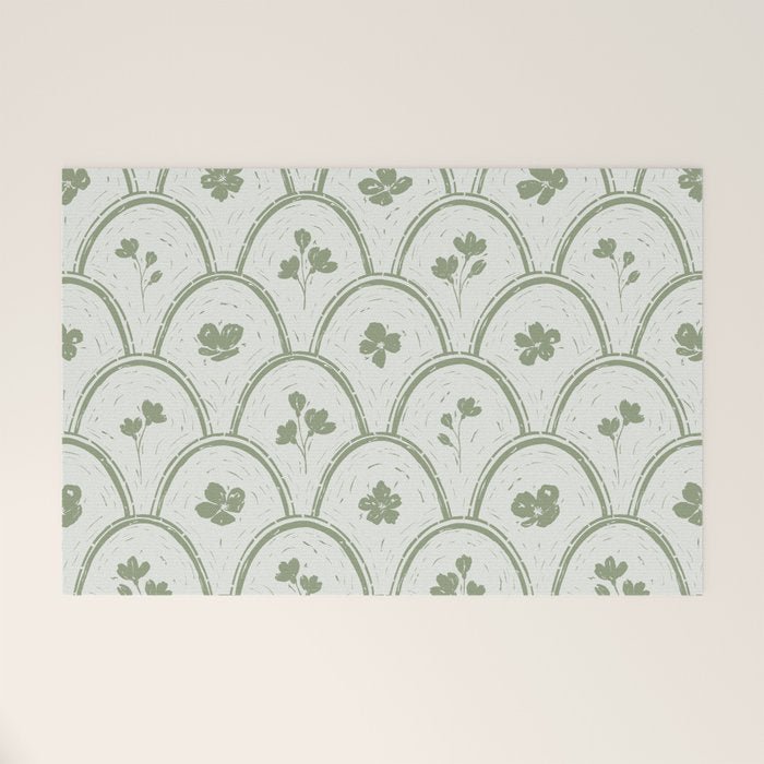Rustic scallop floral block print - sage green pattern Welcome Mat Gallery Image 1