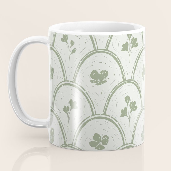 Rustic scallop floral block print - sage green pattern Coffee Mug Gallery Image 3