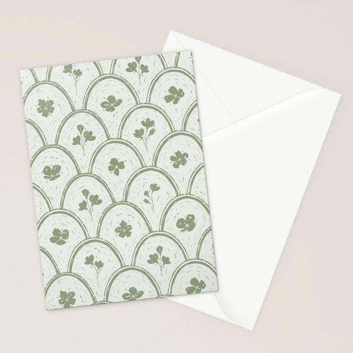 Rustic scallop floral block print - sage green pattern Stationery Card Gallery Image 2