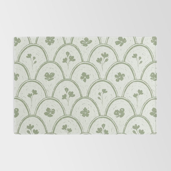 Rustic scallop floral block print - sage green pattern Rug Gallery Image 2