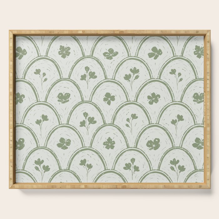 Rustic scallop floral block print - sage green pattern Serving Tray Gallery Image 1