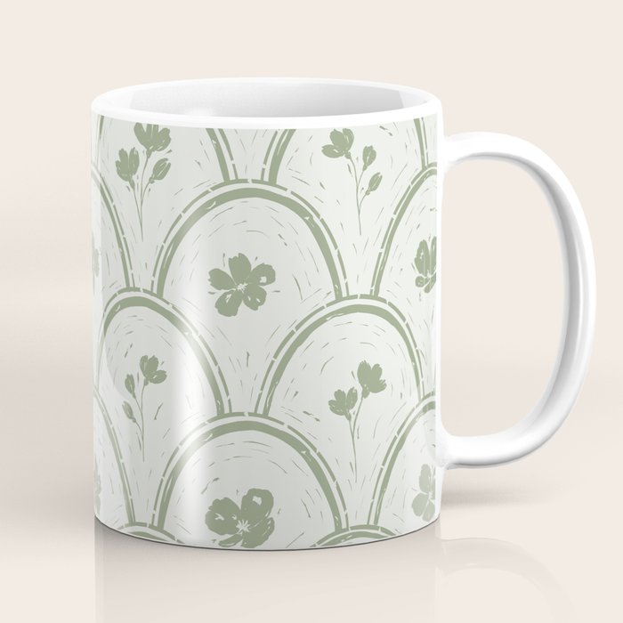 Rustic scallop floral block print - sage green pattern Coffee Mug Gallery Image 1