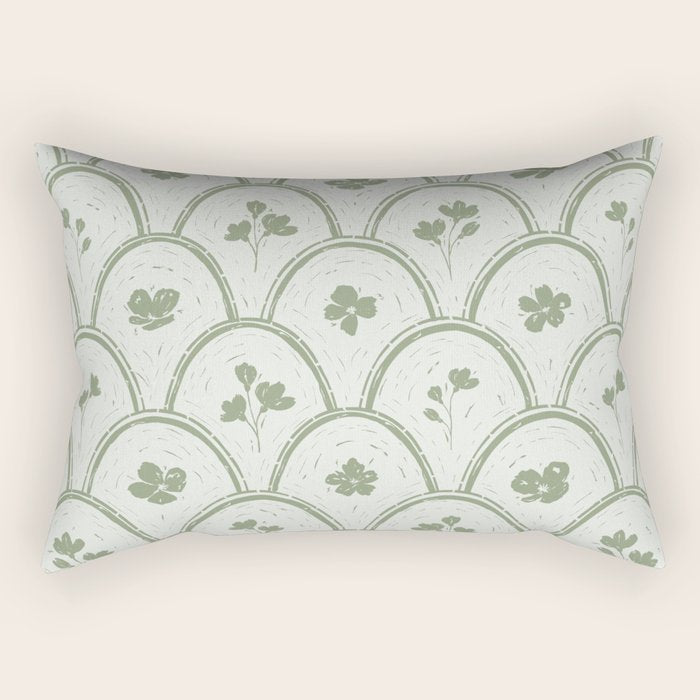 Rustic scallop floral block print - sage green pattern Rectangular Pillow Gallery Image 1
