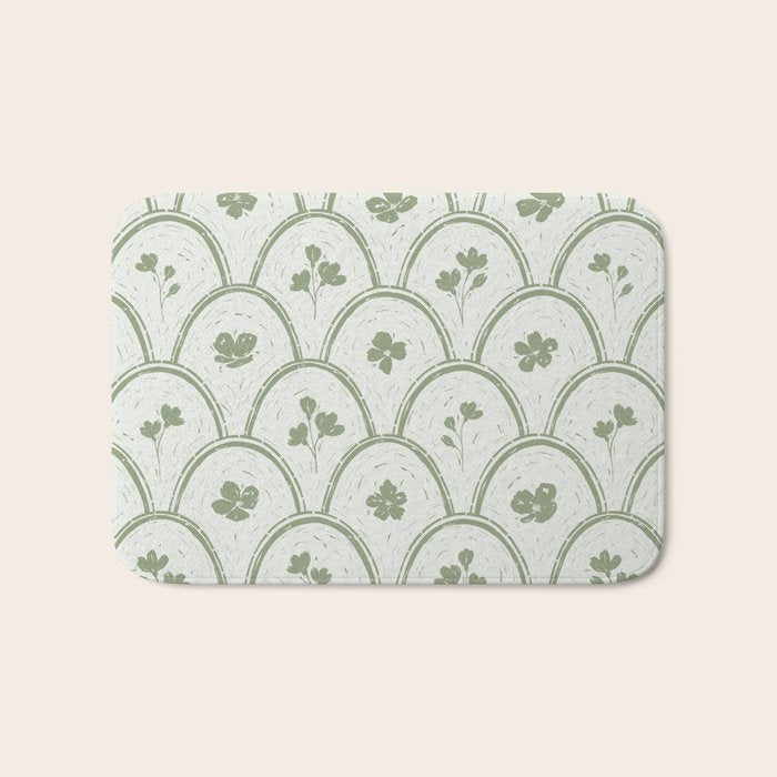 Rustic scallop floral block print - sage green pattern Bath Mat Gallery Image 1