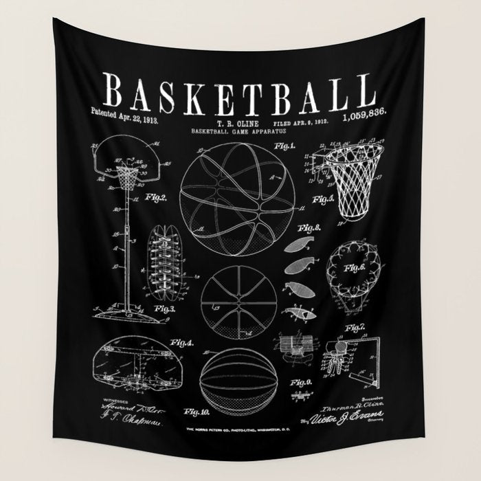 Basketball Old Vintage Patent Drawing Print Wall Tapestry Gallery Image 1