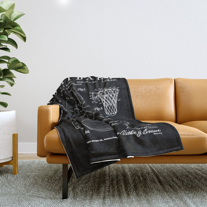 Basketball Old Vintage Patent Drawing Print Throw Blanket Gallery Image 1