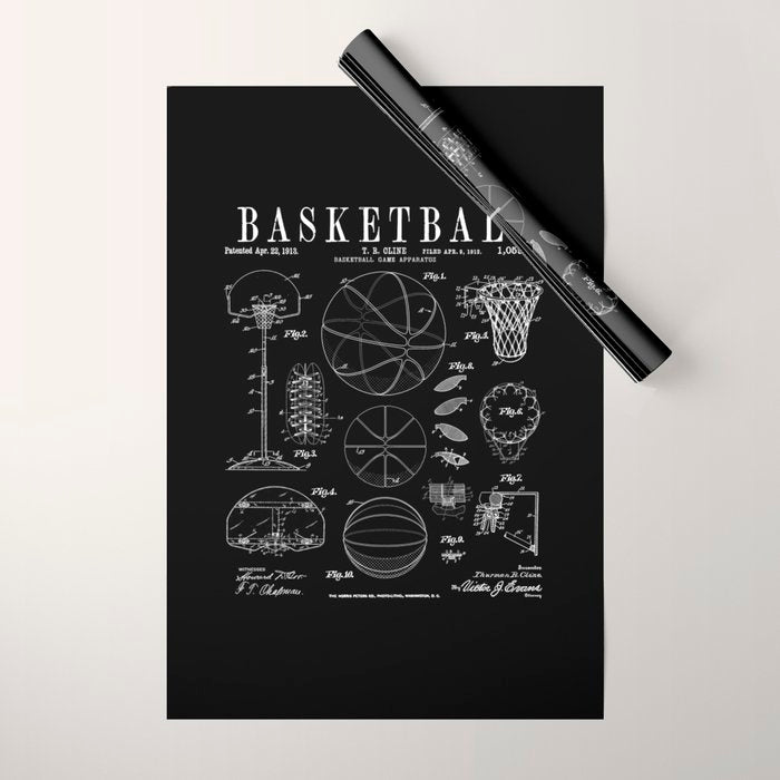 Basketball Old Vintage Patent Drawing Print Wrapping Paper Gallery Image 1