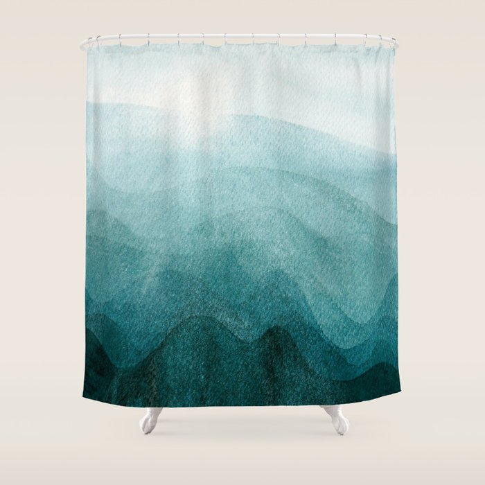 Sunrise in the mountains, dawn, teal, abstract watercolor Shower Curtain Gallery Image 1