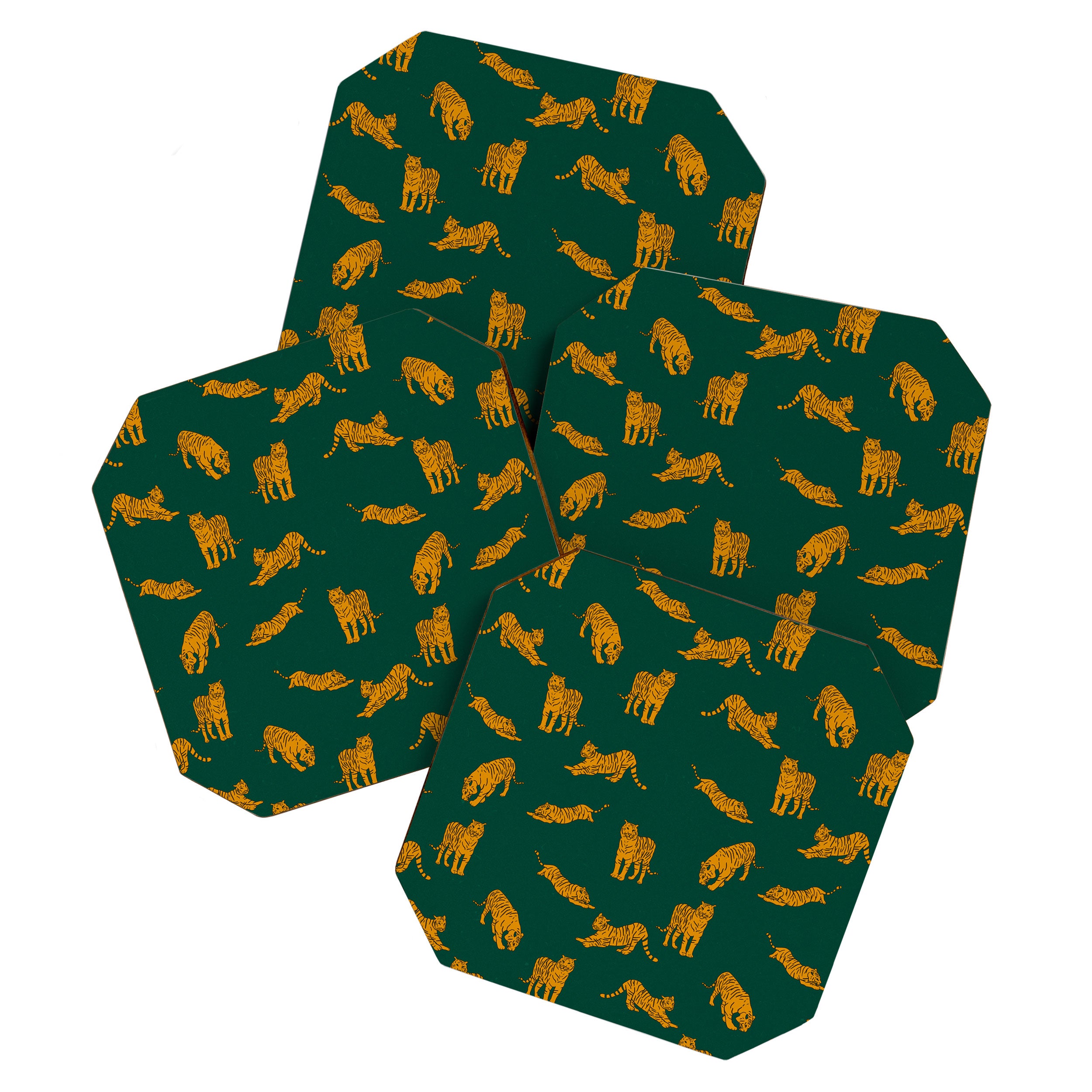 Animal Print - Tigers on Dark Olive Green Retro Texture Coaster Gallery Image 1