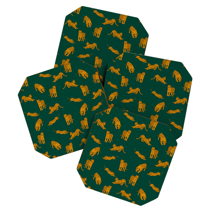 Animal Print - Tigers on Dark Olive Green Retro Texture Coaster Gallery Image 1