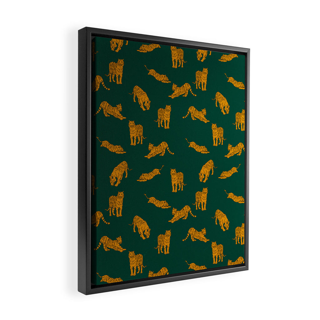 Animal Print - Tigers on Dark Olive Green Retro Texture Framed Canvas Print Gallery Image 2