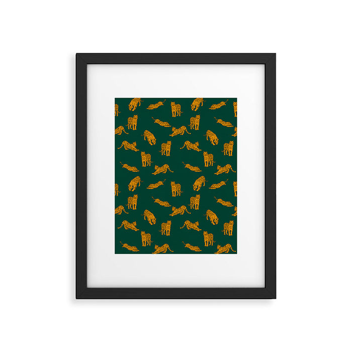 Animal Print - Tigers on Dark Olive Green Retro Texture Framed Art Print Gallery Image 1