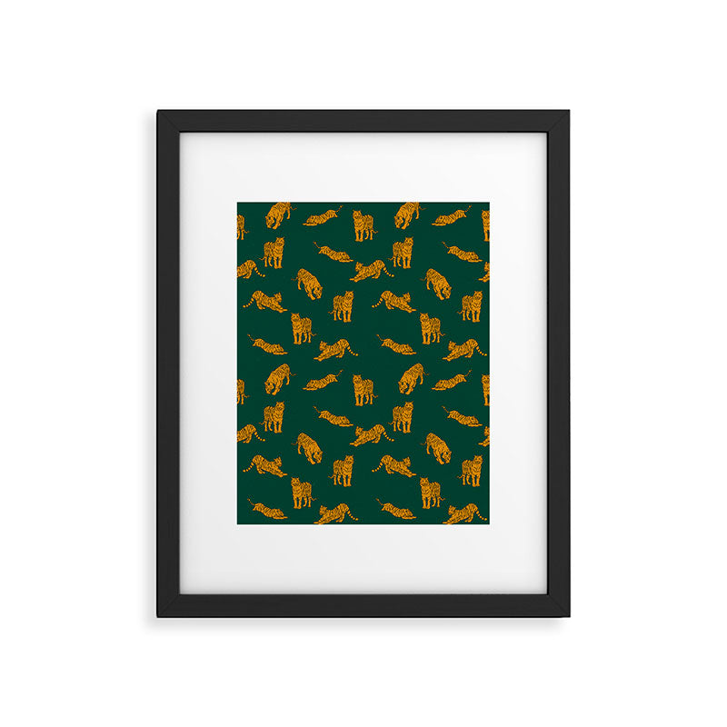 Animal Print - Tigers on Dark Olive Green Retro Texture Framed Art Print Gallery Image 5