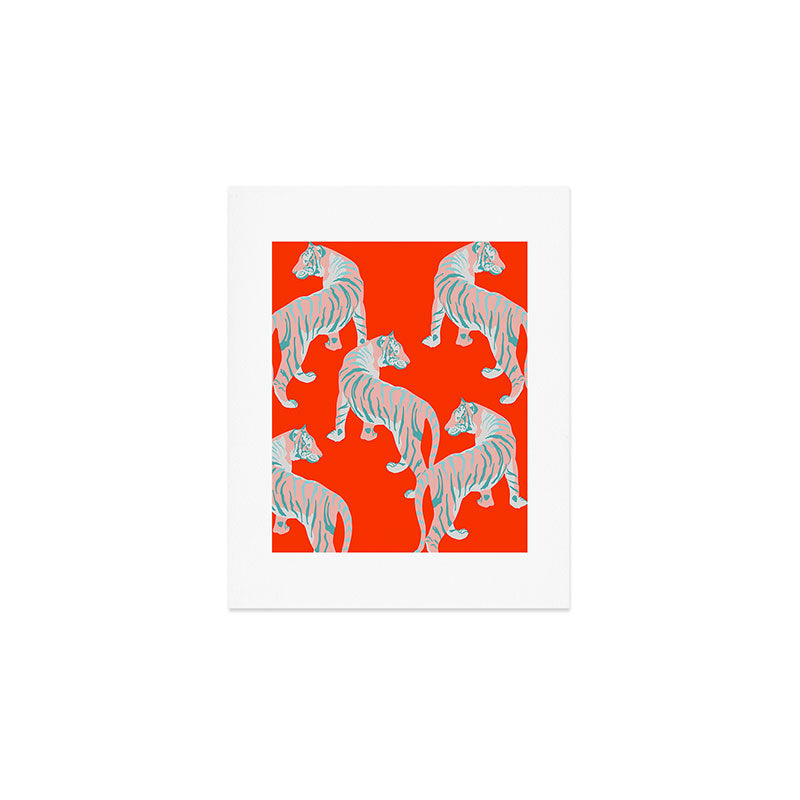 Exotic Pink Tigers on Bold Orange Animal Pattern Art Print Gallery Image 1
