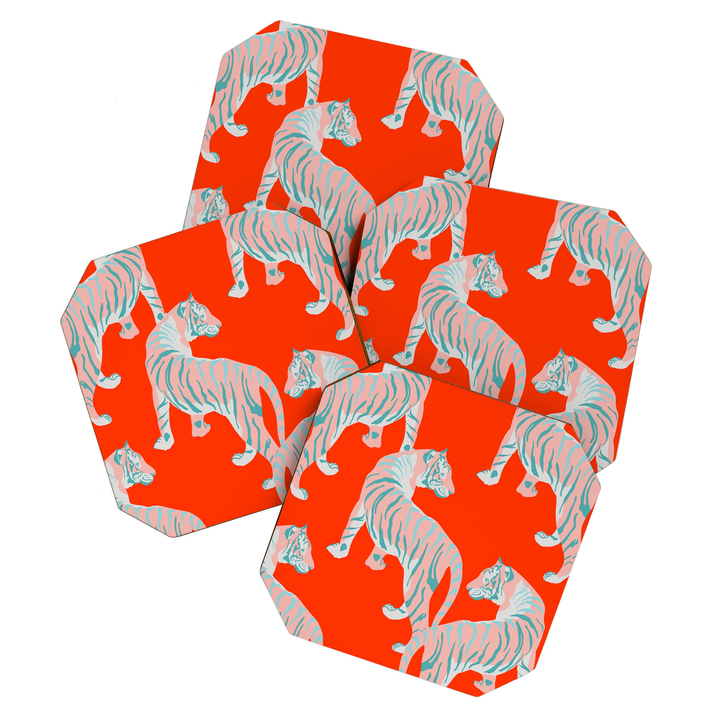 Exotic Pink Tigers on Bold Orange Animal Pattern Coaster Gallery Image 1