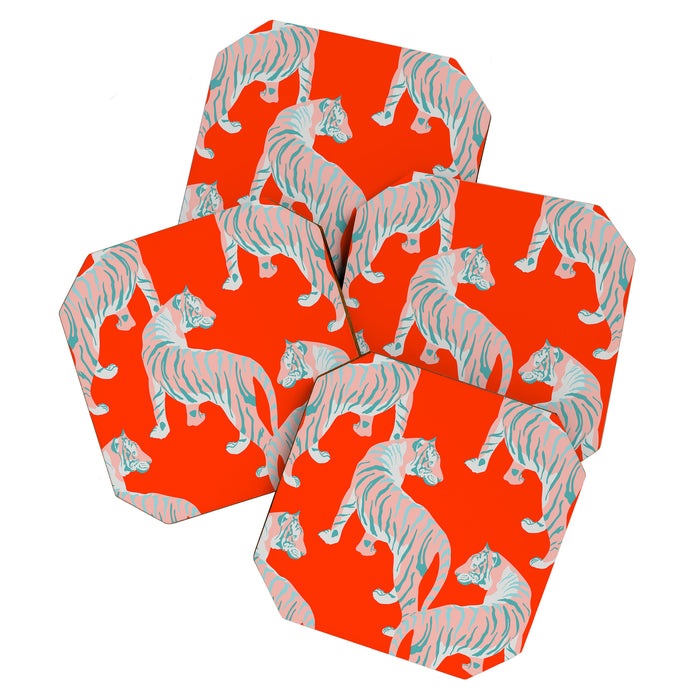 Exotic Pink Tigers on Bold Orange Animal Pattern Coaster Gallery Image 1