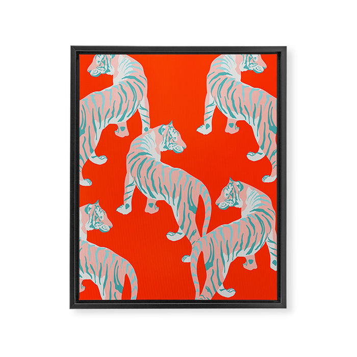 Exotic Pink Tigers on Bold Orange Animal Pattern Framed Canvas Print Gallery Image 1