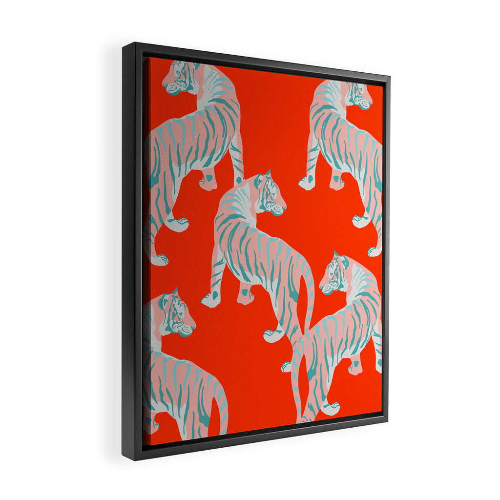 Exotic Pink Tigers on Bold Orange Animal Pattern Framed Canvas Print Gallery Image 2
