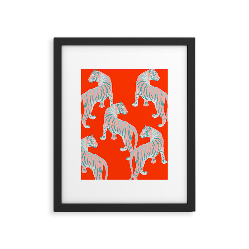 Exotic Pink Tigers on Bold Orange Animal Pattern Framed Art Print Gallery Image 4
