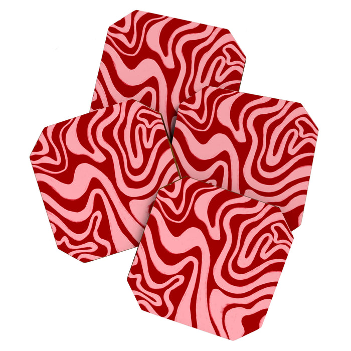 Retro 70s Pink Liquid Swirl on Dahlia Red Coaster Gallery Image 1