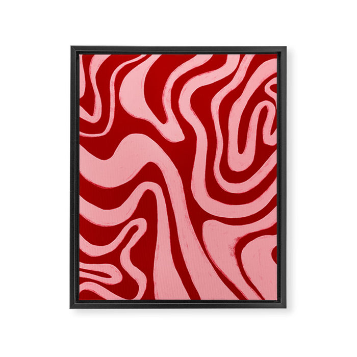 Retro 70s Pink Liquid Swirl on Dahlia Red Framed Canvas Print Gallery Image 1