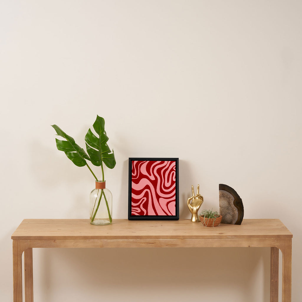 Retro 70s Pink Liquid Swirl on Dahlia Red Framed Canvas Print Gallery Image 4