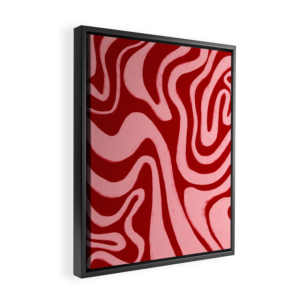 Retro 70s Pink Liquid Swirl on Dahlia Red Framed Canvas Print Gallery Image 2