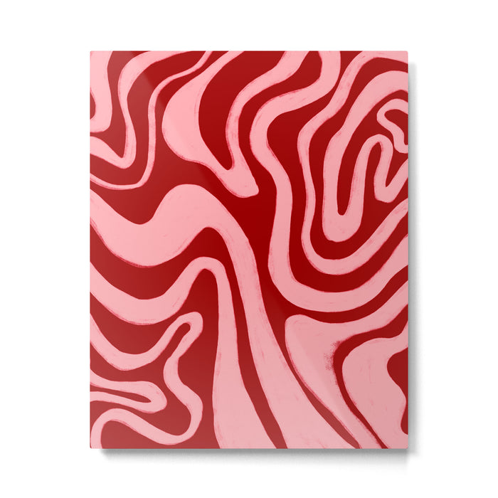 Retro 70s Pink Liquid Swirl on Dahlia Red Metal Print Gallery Image 1