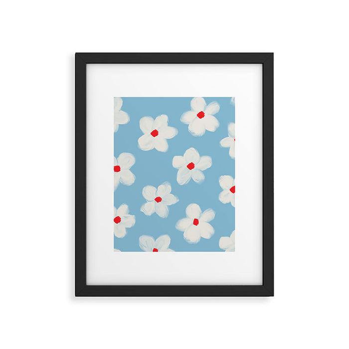 Soft Daisy Flowers - Cute Retro Floral Pattern on Pastel Blue Framed Art Print Gallery Image 1