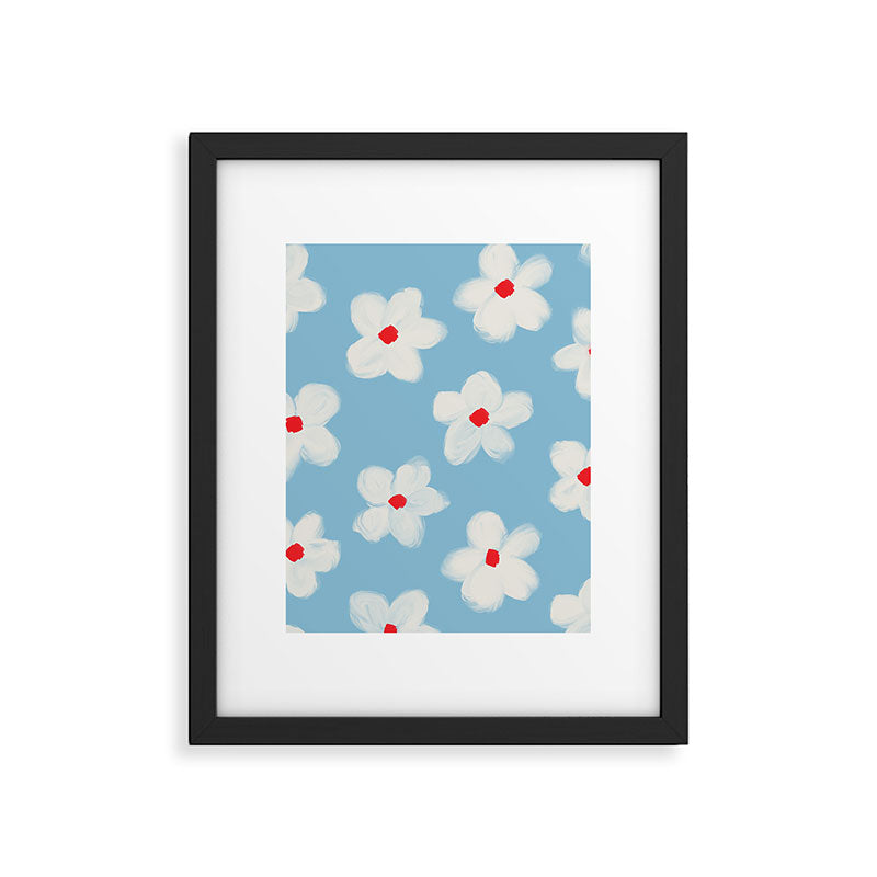 Soft Daisy Flowers - Cute Retro Floral Pattern on Pastel Blue Framed Art Print Gallery Image 6