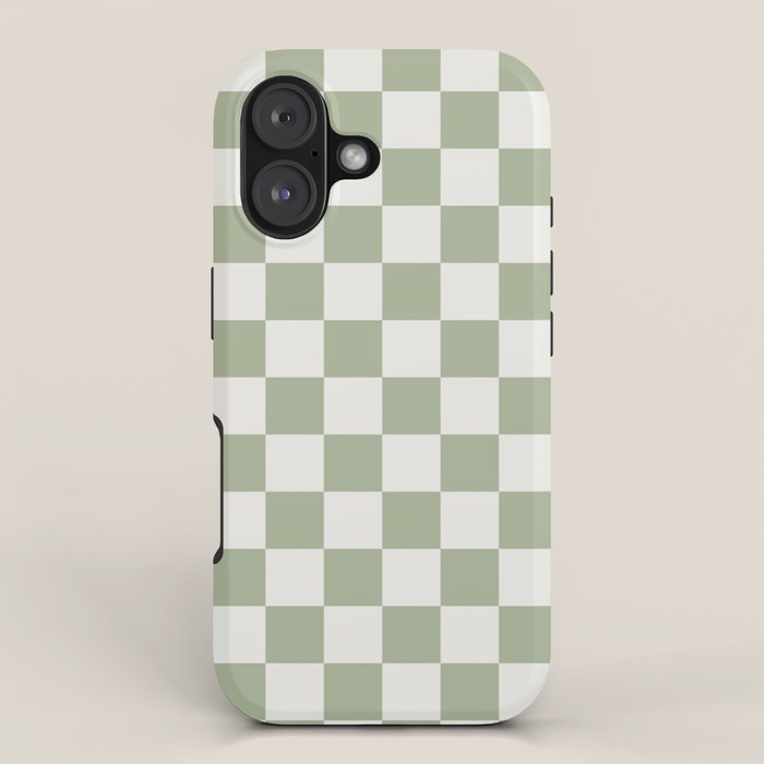 Checkerboard Check Checkered Pattern in Sage Green and Off White iPhone Case Gallery Image 1