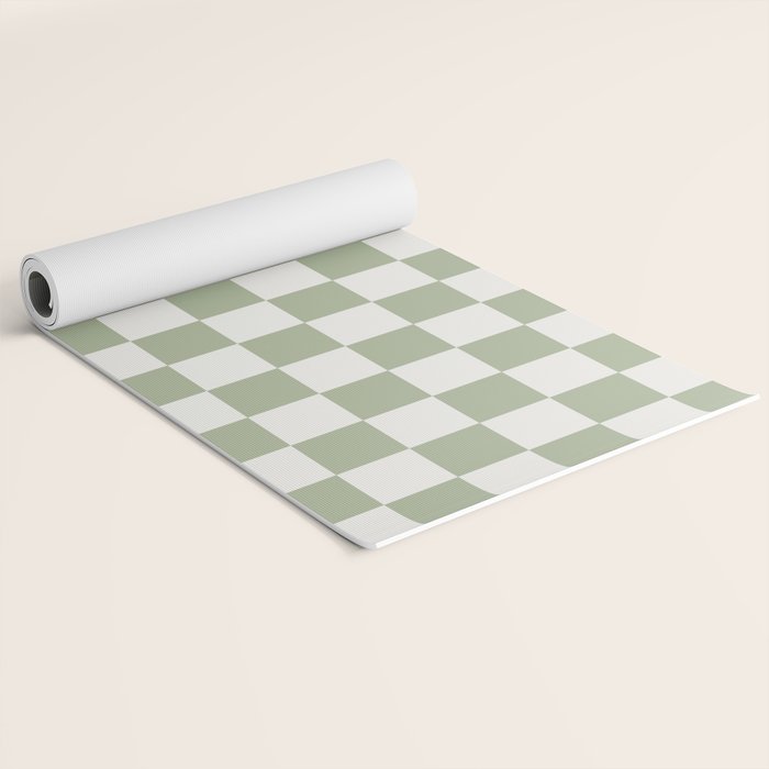 Checkerboard Check Checkered Pattern in Sage Green and Off White Yoga Mat Gallery Image 2