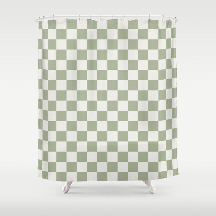 Checkerboard Check Checkered Pattern in Sage Green and Off White Shower Curtain Gallery Image 1
