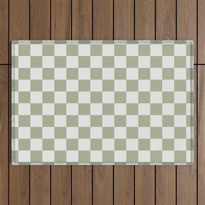 Checkerboard Check Checkered Pattern in Sage Green and Off White Outdoor Rug Gallery Image 1