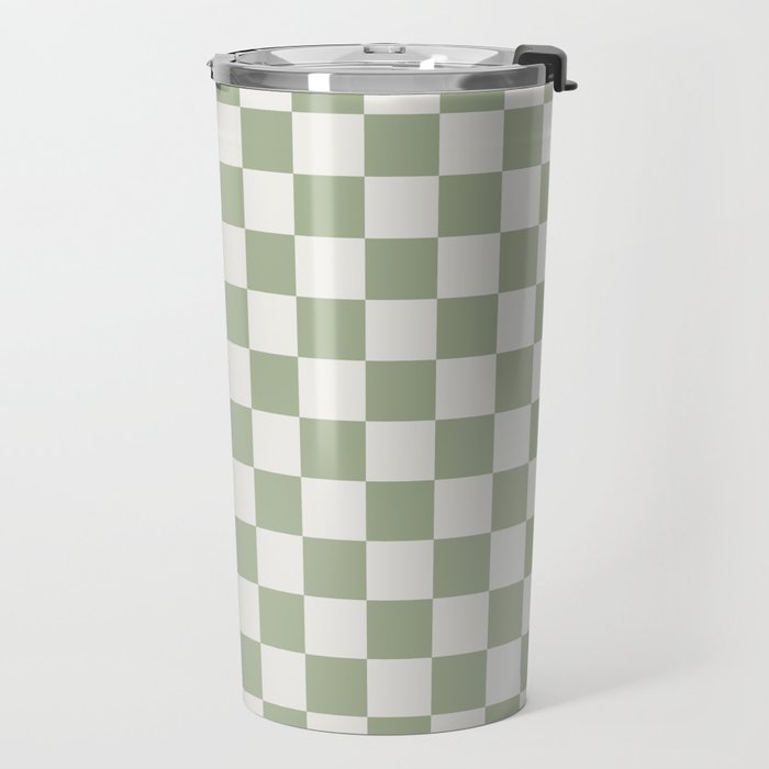 Checkerboard Check Checkered Pattern in Sage Green and Off White Travel Mug Gallery Image 2