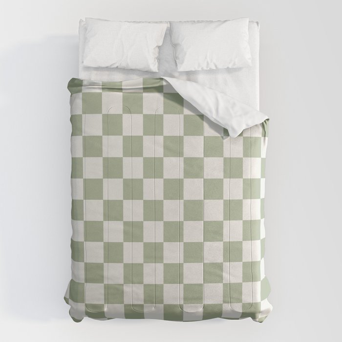 Checkerboard Check Checkered Pattern in Sage Green and Off White Comforter Gallery Image 1