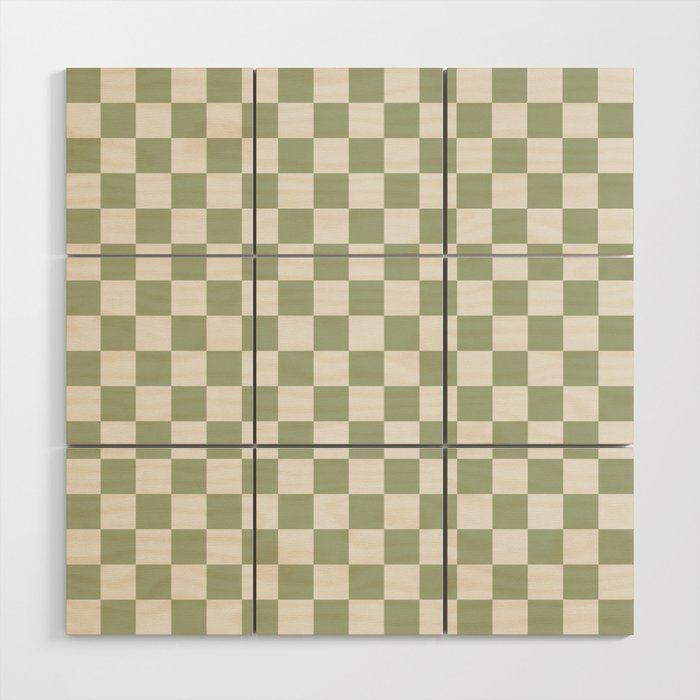 Checkerboard Check Checkered Pattern in Sage Green and Off White Wood Wall Art Gallery Image 1