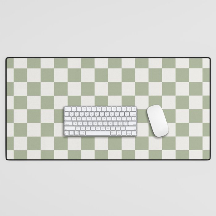 Checkerboard Check Checkered Pattern in Sage Green and Off White Desk Mat Gallery Image 1
