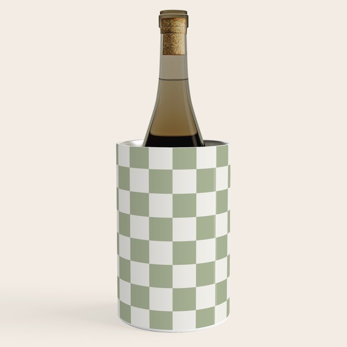 Checkerboard Check Checkered Pattern in Sage Green and Off White Wine Chiller Gallery Image 1