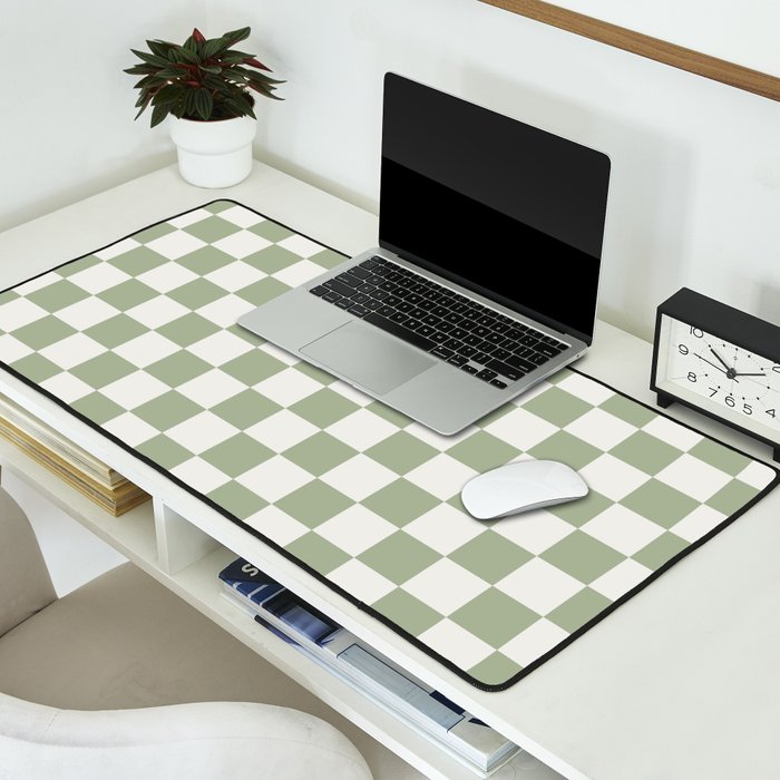 Checkerboard Check Checkered Pattern in Sage Green and Off White Desk Mat Gallery Image 2