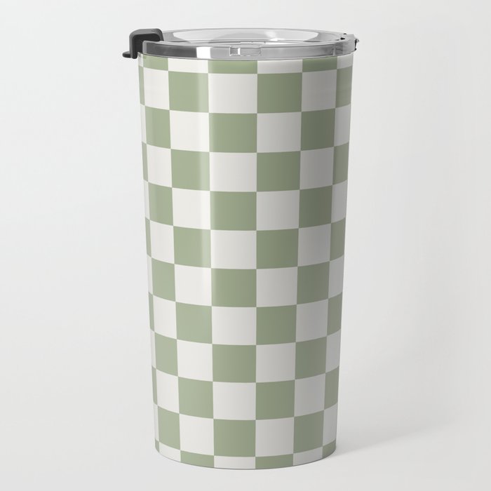 Checkerboard Check Checkered Pattern in Sage Green and Off White Travel Mug Gallery Image 3