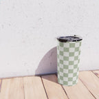 Checkerboard Check Checkered Pattern in Sage Green and Off White Travel Mug Gallery Image 4