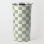 Checkerboard Check Checkered Pattern in Sage Green and Off White Travel Mug Gallery Image 1