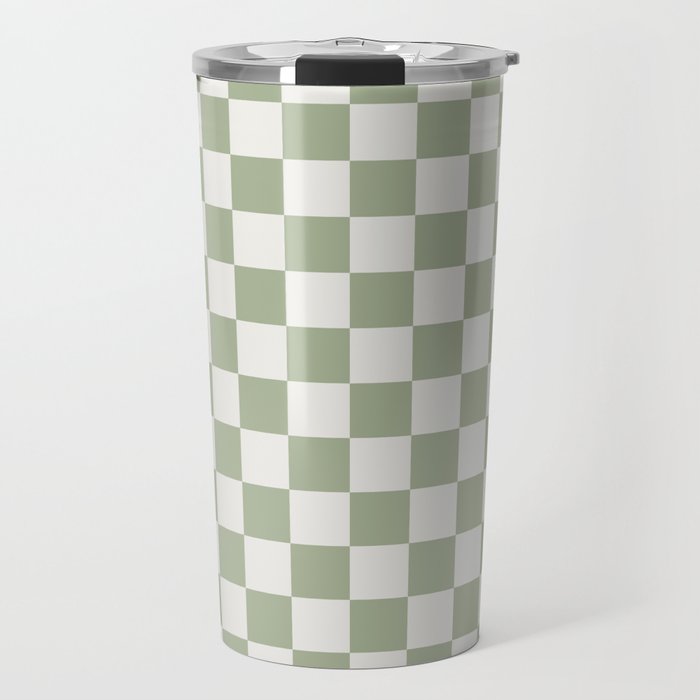 Checkerboard Check Checkered Pattern in Sage Green and Off White Travel Mug Gallery Image 1