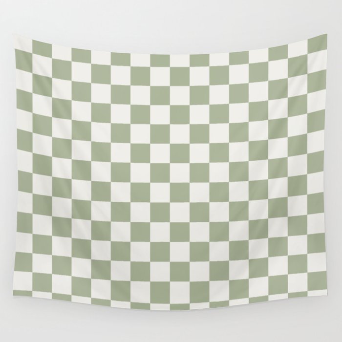 Checkerboard Check Checkered Pattern in Sage Green and Off White Wall Tapestry Gallery Image 1