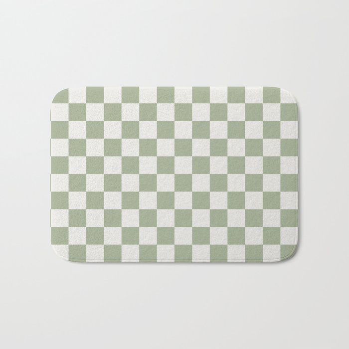 Checkerboard Check Checkered Pattern in Sage Green and Off White Bath Mat Gallery Image 1